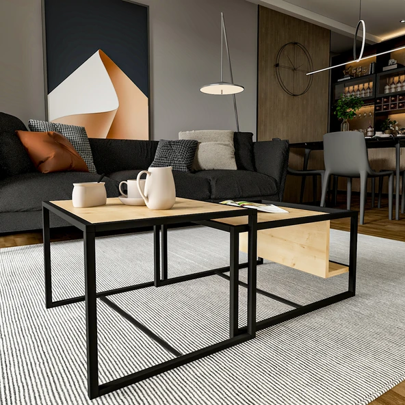 Batı 2’li Modern Orta Sehpa Takımı – Metal Ayaklı, Alt Raflı - 3