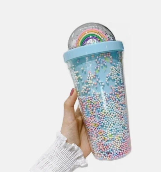 PİPETLİ BARDAK MATARA SEVİMLİ SULUK 450 ml ÇİFT KATMANLI BONCUKLU