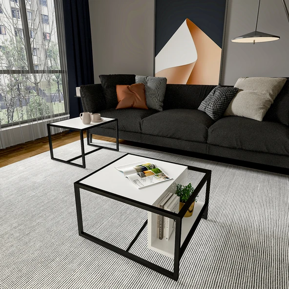 Batı 2’li Modern Orta Sehpa Takımı – Metal Ayaklı, Alt Raflı - 2