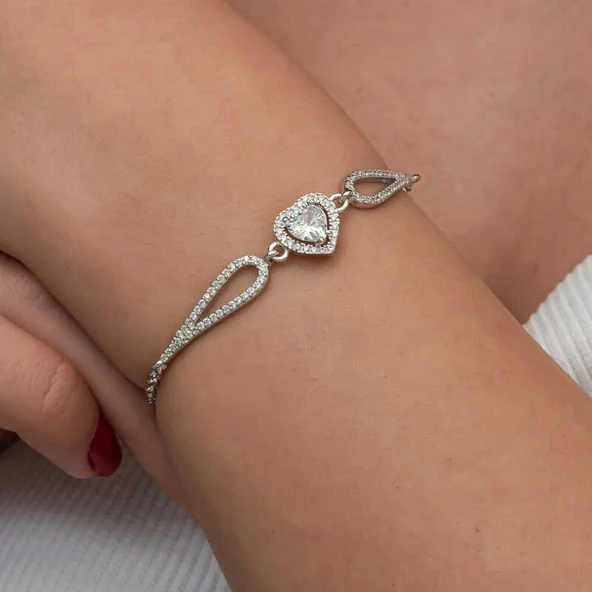 BlackCraft Gümüş Zirkon Taşlı Kalp Bileklik (BC-6776B0) - Resim 3