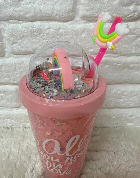 PİPETLİ BARDAK MATARA SEVİMLİ SULUK 450 ml ÇİFT KATMANLI KALPLİ PULLU - 2