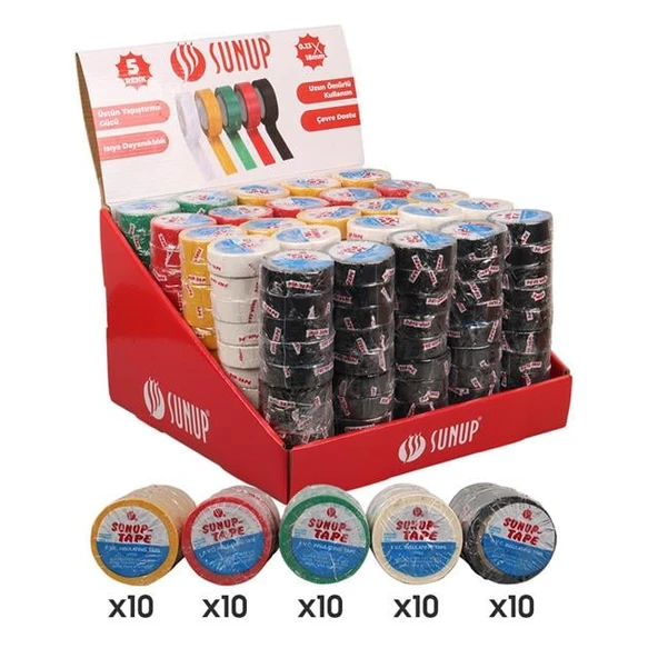 Sunup SN-27919 0.13X18mm 5 Renk İzole Elektrikçi Bant 10 Metre 50X5'li Paket (Kırmızı- Sarı - Siyah - Yeşil - Beyaz) - Resim 2