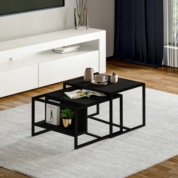 Batı 2’li Modern Orta Sehpa Takımı – Metal Ayaklı, Alt Raflı - 2