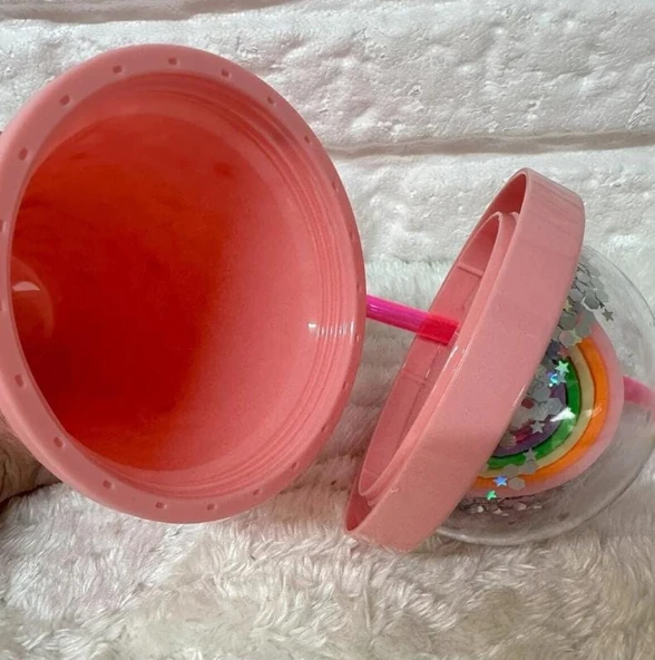 PİPETLİ BARDAK MATARA SEVİMLİ SULUK 450 ml ÇİFT KATMANLI KALPLİ PULLU - 4