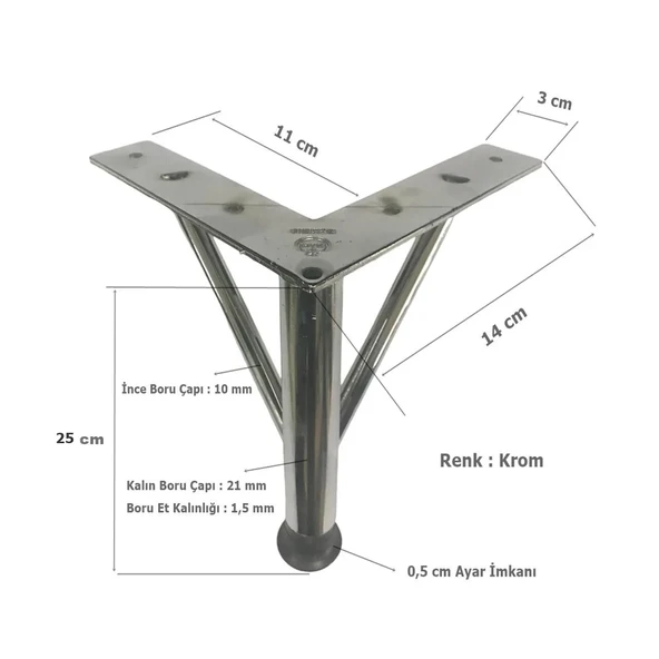 4 Adet Firkete Ayak Metal 25 cm Krom Mobilya Koltuk Ayağı - 2