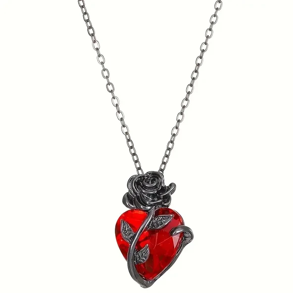 Heartrose Gül ve Kalp Kolye Koyu Gotik Zincir 26 Tasarım Kadın Kolye - 3
