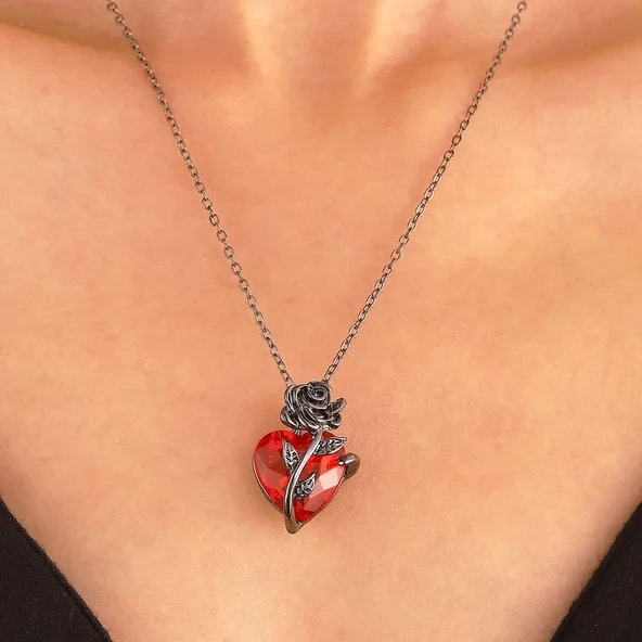 Heartrose Gül ve Kalp Kolye Koyu Gotik Zincir 26 Tasarım Kadın Kolye - 1