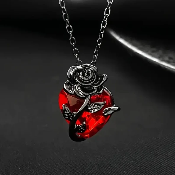 Heartrose Gül ve Kalp Kolye Koyu Gotik Zincir 26 Tasarım Kadın Kolye - 5