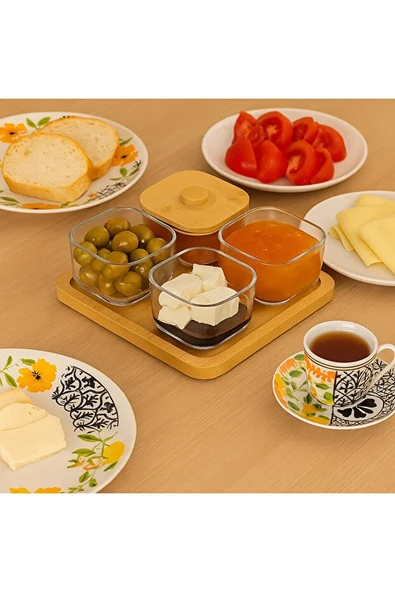9 Parça Cam Kahvaltılık Seti Bambu Kapaklı Cam Kavanoz ve Tepsi - 2