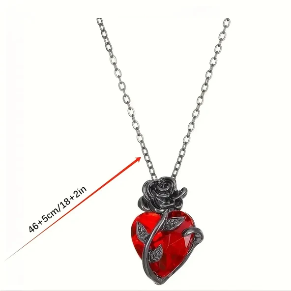 Heartrose Gül ve Kalp Kolye Koyu Gotik Zincir 26 Tasarım Kadın Kolye - 4