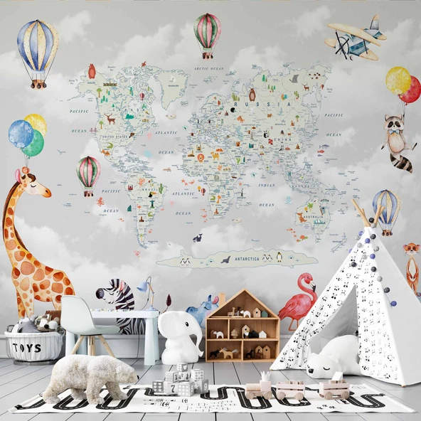 Hayvanlar ve Dünya Haritası Çocuk Odası Duvar Kağıdı ürün görseli