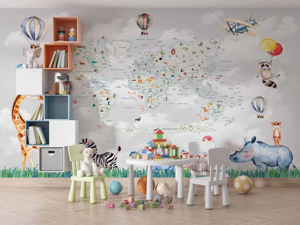 Hayvanlar ve Dünya Haritası Çocuk Odası Duvar Kağıdı - Resim 3