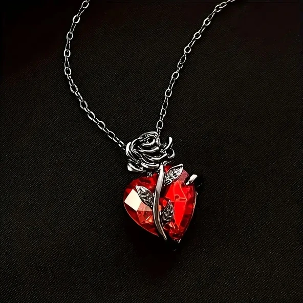 Heartrose Gül ve Kalp Kolye Koyu Gotik Zincir 26 Tasarım Kadın Kolye - 6
