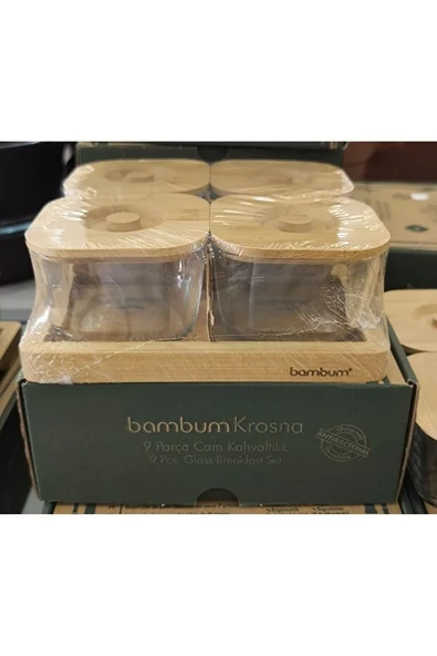 9 Parça Cam Kahvaltılık Seti Bambu Kapaklı Cam Kavanoz ve Tepsi - 3
