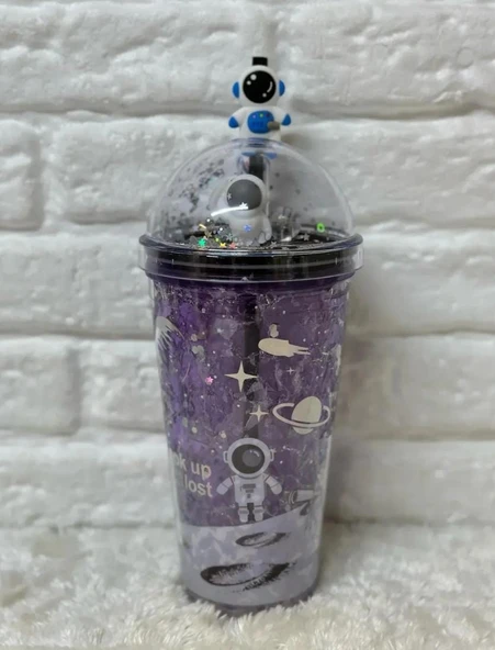 PİPETLİ BARDAK MATARA SEVİMLİ SULUK 450 ml ÇİFT ASTRONOT FİGÜRLÜ - 4