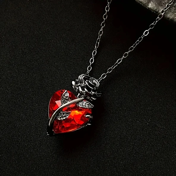 Heartrose Gül ve Kalp Kolye Koyu Gotik Zincir 26 Tasarım Kadın Kolye - 7