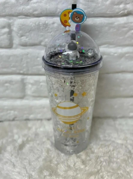 PİPETLİ BARDAK MATARA SEVİMLİ SULUK 450 ml ÇİFT ASTRONOT FİGÜRLÜ - 3