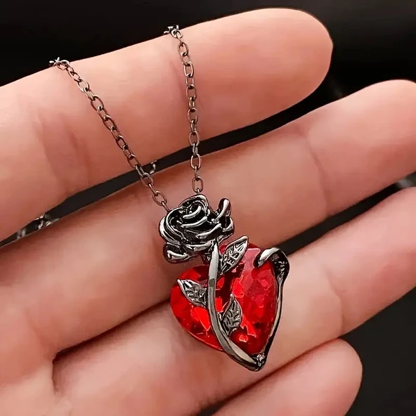 Heartrose Gül ve Kalp Kolye Koyu Gotik Zincir 26 Tasarım Kadın Kolye - 2
