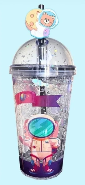 PİPETLİ BARDAK MATARA SEVİMLİ SULUK 450 ml ÇİFT ASTRONOT FİGÜRLÜ