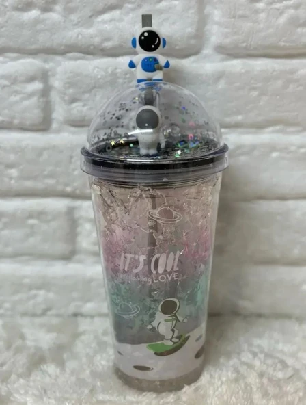 PİPETLİ BARDAK MATARA SEVİMLİ SULUK 450 ml ÇİFT ASTRONOT FİGÜRLÜ - 3