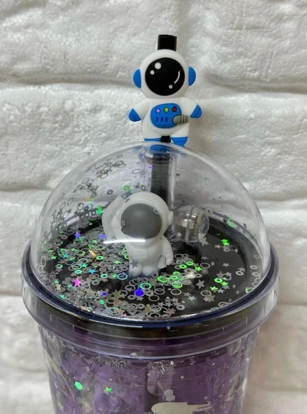 PİPETLİ BARDAK MATARA SEVİMLİ SULUK 450 ml ÇİFT ASTRONOT FİGÜRLÜ - 3