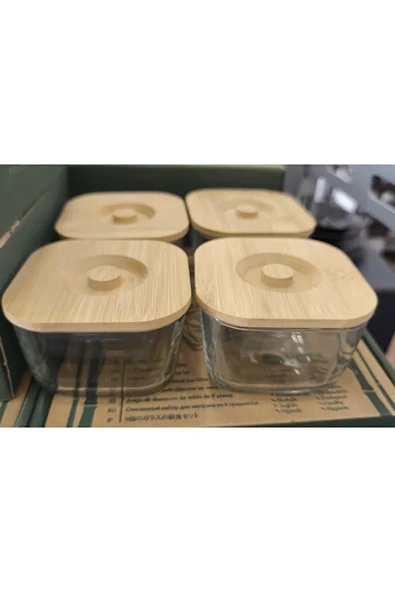 9 Parça Cam Kahvaltılık Seti Bambu Kapaklı Cam Kavanoz ve Tepsi - 4