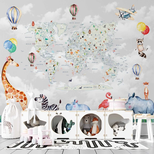 Hayvanlar ve Dünya Haritası Çocuk Odası Duvar Kağıdı - Resim 2