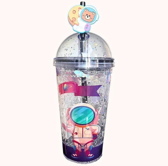 PİPETLİ BARDAK MATARA SEVİMLİ SULUK 450 ml ÇİFT ASTRONOT FİGÜRLÜ - 2