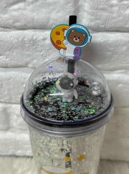 PİPETLİ BARDAK MATARA SEVİMLİ SULUK 450 ml ÇİFT ASTRONOT FİGÜRLÜ - 2