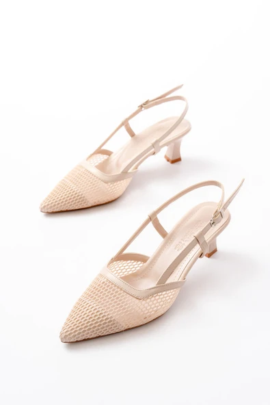 K-607 Bej Günlük Fileli Arkası Açık 7 cm Topuklu Bayan Ayakkabı - Resim 4