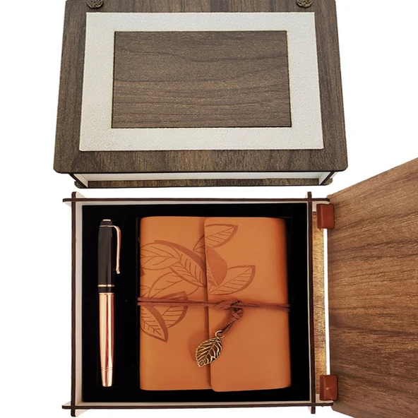 Özel Ahşap Kutulu Taba Deri Defter ve Bakır Roller Kalem Set ürün görseli