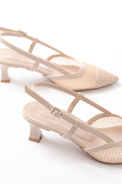 K-607 Bej Günlük Fileli Arkası Açık 7 cm Topuklu Bayan Ayakkabı ürün görseli 1