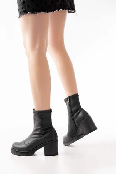 767-3012 Streç Siyah Fermuarlı Günlük Kadın Bot - Resim 4