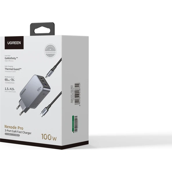 Ugreen X757 Nexode Pro 100W GaN Hızlı Şarj Cihazı Type-C QC PD 2xUSB-C, 1xUSB-A, Uzay Grisi -25874 - 5