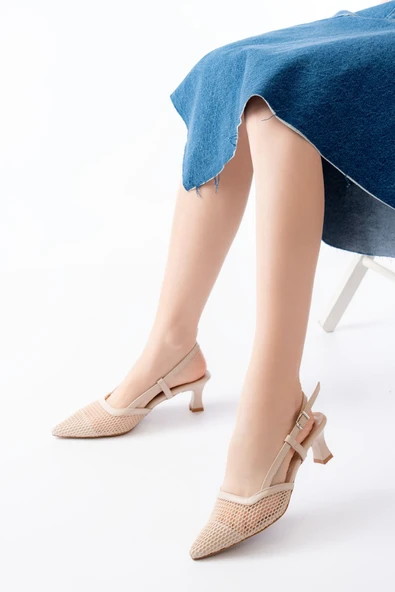 K-607 Bej Günlük Fileli Arkası Açık 7 cm Topuklu Bayan Ayakkabı - Resim 2