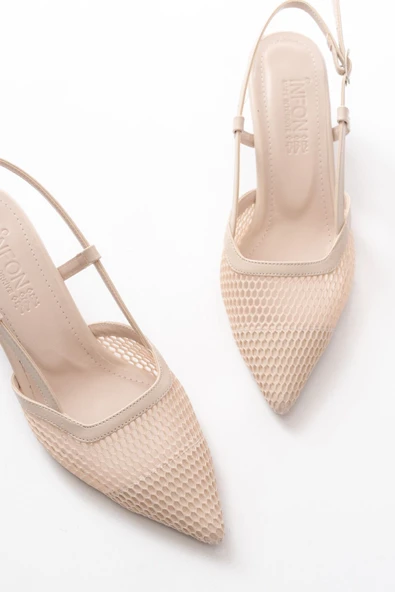 K-607 Bej Günlük Fileli Arkası Açık 7 cm Topuklu Bayan Ayakkabı - Resim 5