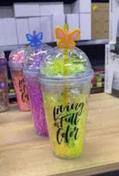 PİPETLİ BARDAK MATARA SEVİMLİ SULUK 450 ml ÇİFT KATMANLI PÜSKÜLLÜ - 2