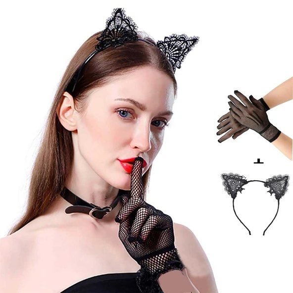 Siyah Kedi Dantel Taç + Eldiven Seti – Parti, Dans ve Kostüm Kombini ürün görseli
