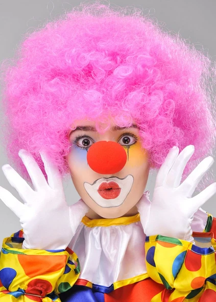 Pembe Renk Kıvırcık Afro Bonus Peruk Takma Saç ve Kırmızı Burun Seti ürün görseli