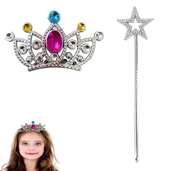Çocuklar İçin Taraklı Prenses Tacı ve Prenses Yıldız Asa Seti Gümüş ürün görseli