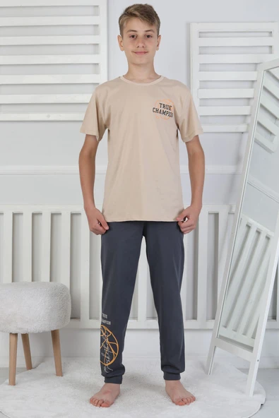 True Champion Basketbol Baskılı Kısa Kol Erkek Çocuk Pijama Takımı - Resim 3