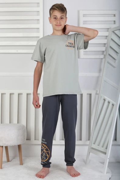 True Champion Basketbol Baskılı Kısa Kol Erkek Çocuk Pijama Takımı - Resim 12