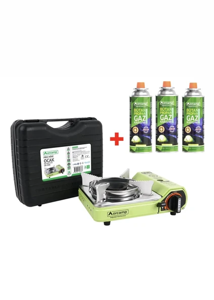 Orcamp Tekli Mini Portatif Kamp Ocak ve 3 Adet 227 gr Gaz Kartuş Seti Yeşil