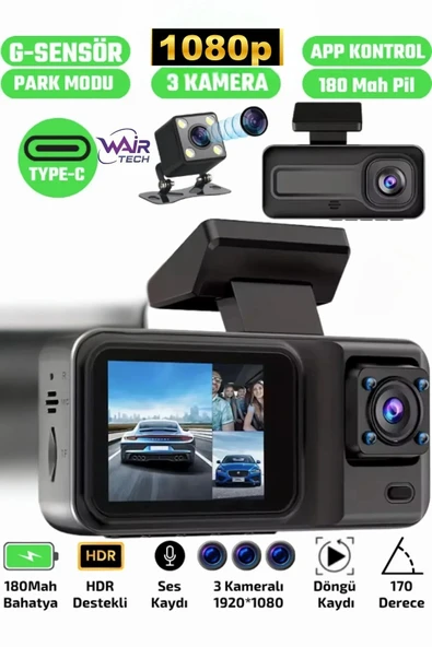 A98 Full Hd 3 Kameralı Araç Içi Güvenlik Kamerası 64gb Uyumlu Ir Gece Görüşü, Önarkaiç Kayıt - 1