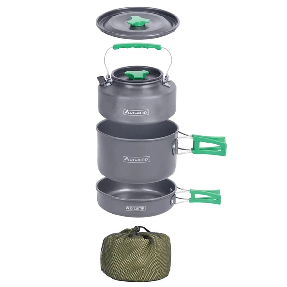 Orcamp Tekli Portatif Ocak Gaz Stop Emniyetli Gri + Orcamp Alüminyum Tencere Seti 3 Parça + 2 ADET 227 Gram Gaz Kartuşu - 4