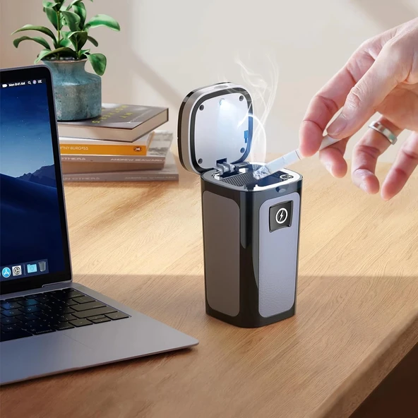 Araç İçi Küllük Lüks Güneş Enerjili Çakmaklı Seramik Deri Detaylı Premium Model - 8