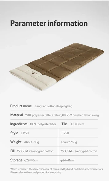 Naturehike LT250 Zarf Tarzı Pamuklu Uyku Tulumu -11°C - 4