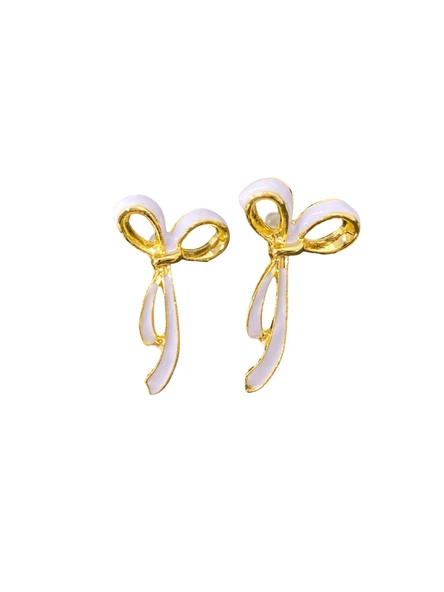 Altın Kaplama Beyaz Mine Kurdele Model Bijuteri Küpe – Zarif ve Şık Tasarım ürün görseli 1