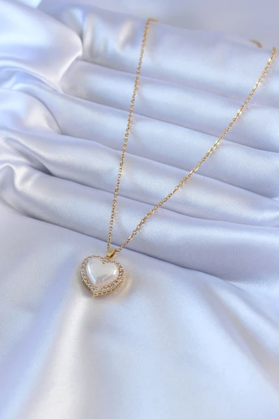 316L Çelik Gold Renk İncili Kalp Model Zirkon Taşlı Kadın Kolye - TJ-BKO7566 - Resim 2