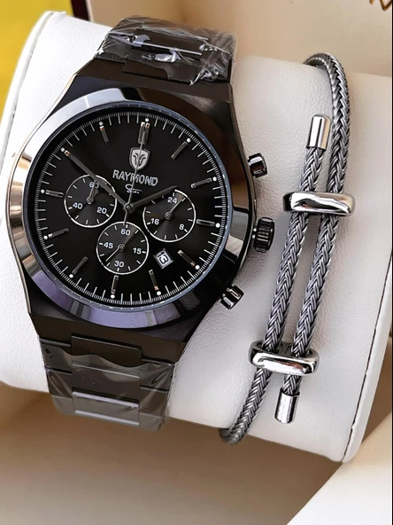 Raymond Nişan Ve Damatlara Özel Çelik Kordon 2 Yıl Garantili 5 Atm Erkek Kol Saati+Bileklik RMD.18